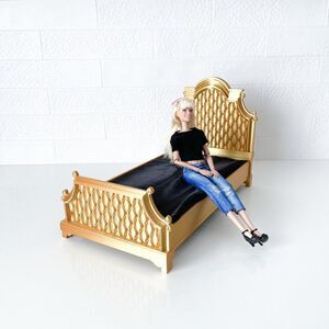 Gold Tufted Miniature Chesterfield Bed Queen Size 1:6 Scale Barbie Dollhouse